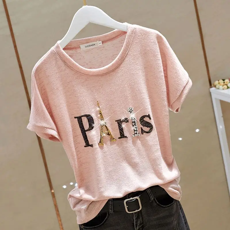 Fashion O-Neck Spliced Beading Letter Printed Blouse Women\'s Clothing 2023 Summer New Casual Pullovers Loose Short Sleeve Shirt