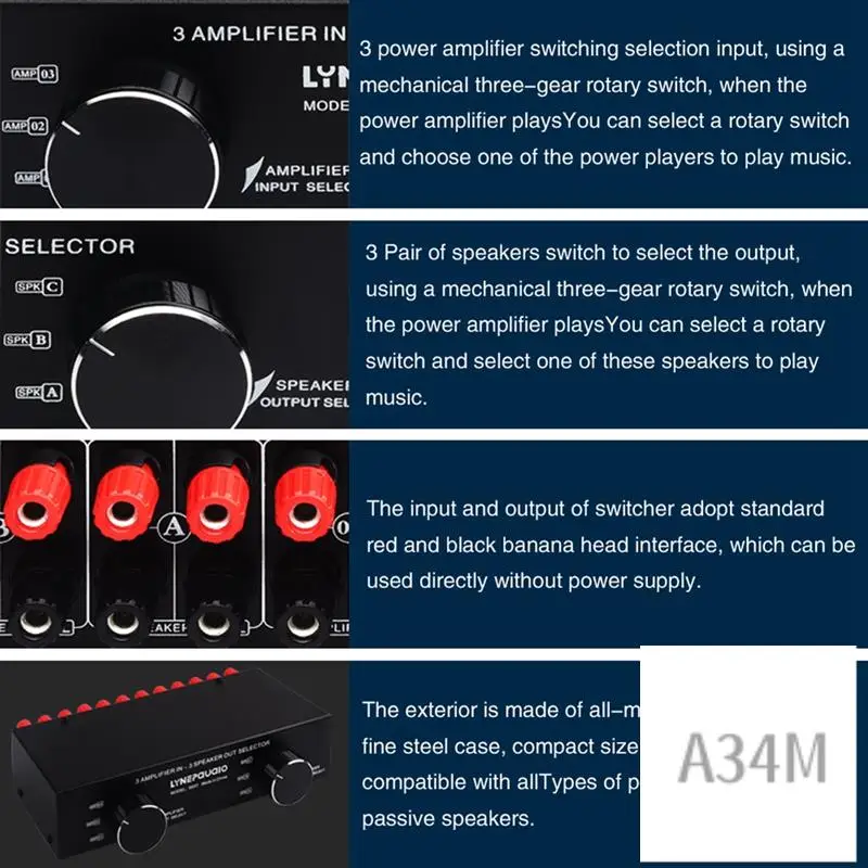 

A34M-LYNEPAUAIO 1 Piece 3 Input 3 Output Passive Power Amplifier And Speaker Switcher Speaker Splitter Black Metal