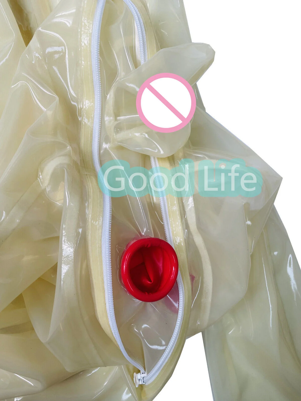 Handmade full cover transparent natural latex catsuit 15cm long nose tube red teeth zip hidden two sheath