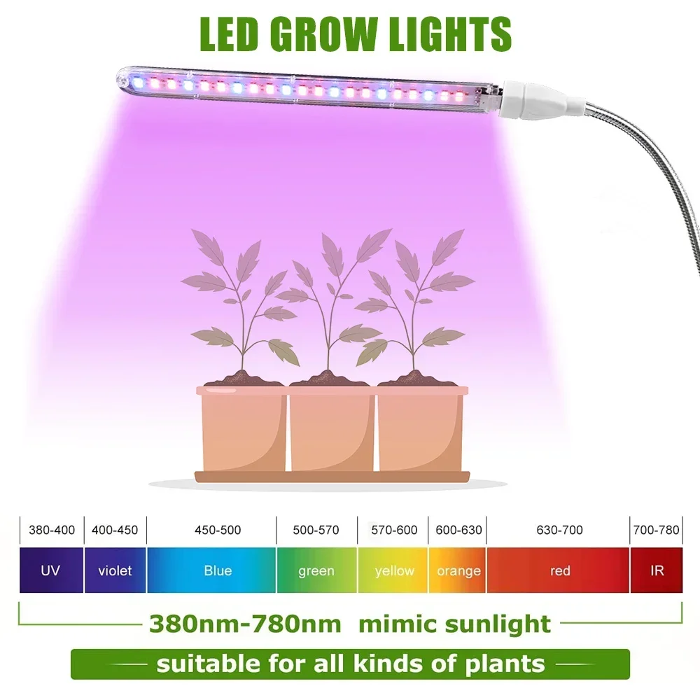 Lampada per la crescita a LED USB 5V Lampada per la crescita delle piante completa Lampada per piante da interno Piantina di fiori Serra Fitolampy