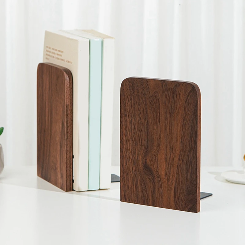 Walnut Wood Book Ends Heavy Duty Bookends For Shelves Sturdy Non-Skid Book Stand For Books Cds - 6.69 X 4.72 X 3.94 In