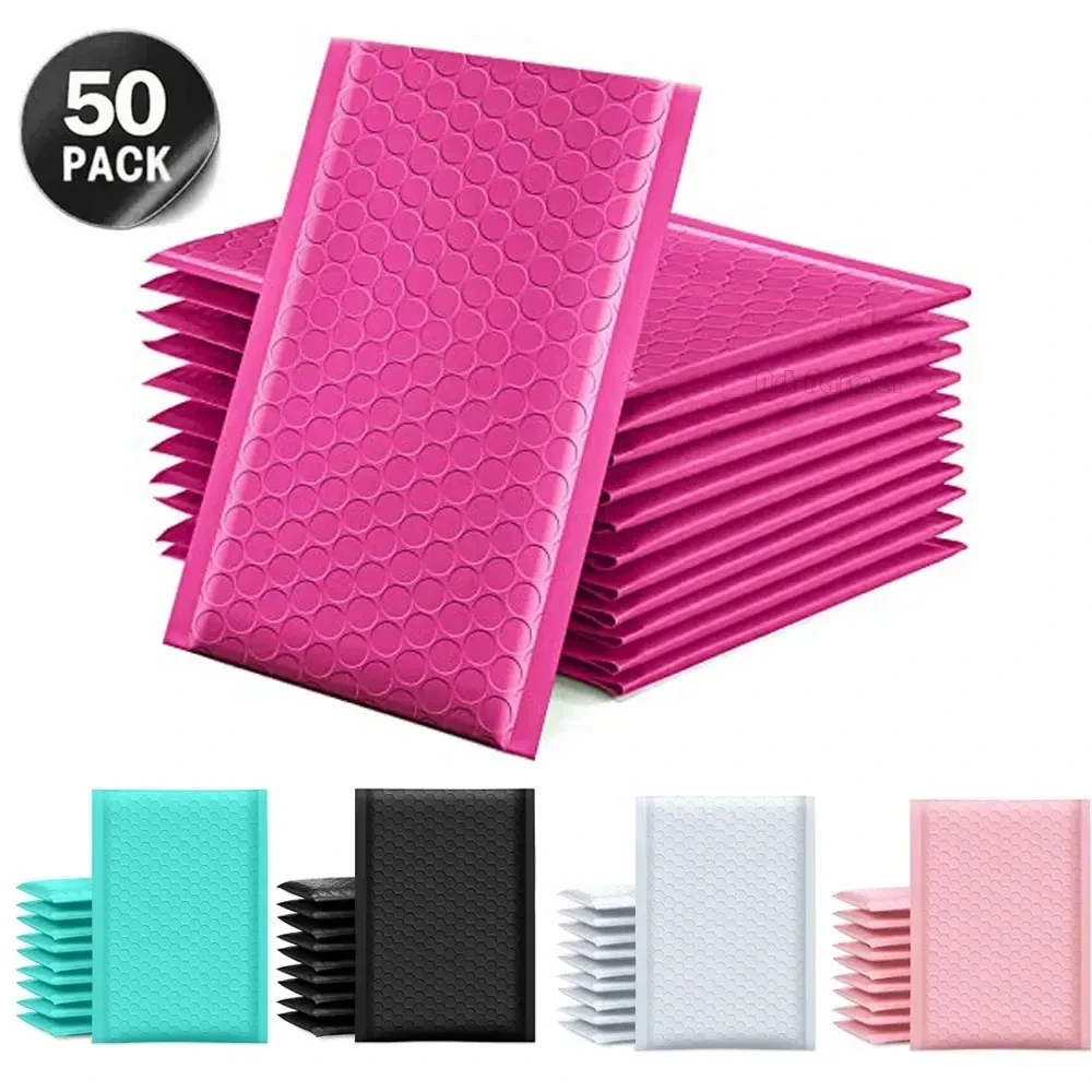 Bolha acolchoada Mailing Envelopes, Mailer Poly para embalagem, auto selo, envio Bag Saco de bolha, várias cores, 50 Pcs