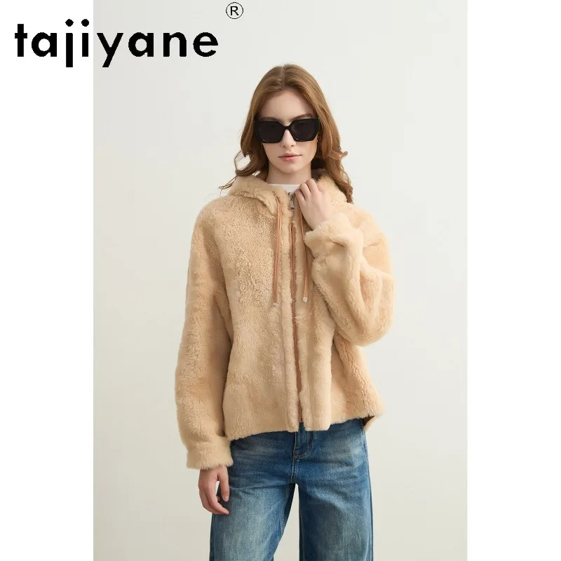 TAJIYANE Ecological Sheep Shearling Real Fur Coat Woman Hooded Outerwear Double-sided Fur Jacket Winter Overcoat Slim Fit Шуба