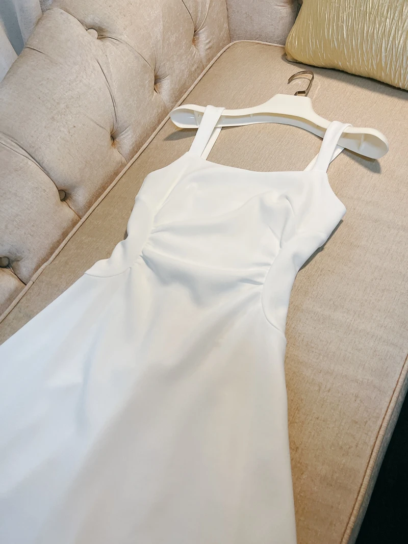 Lingzhi Wu Elegant White Dress for Women, Spaghetti Strap, Square Collar, Slim Waist Registering Dresses, Formal Short