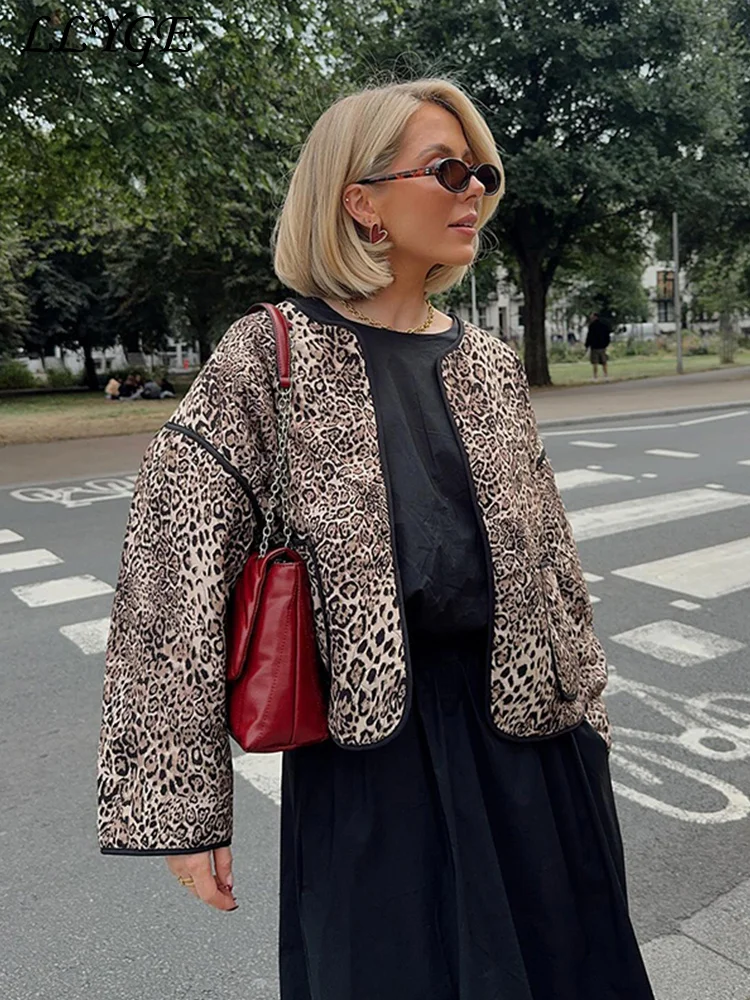 Casual Leopard Print Women's  Padded Coats Loose O-neck Long Sleeve Patchwork Jackets 2024 Autumn Winter Lady Vintage Streetwear