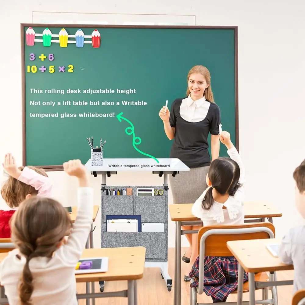 24 مكتب أبيض بارتفاع قابل للتعديل مع زجاج قابل للكتابة، 360 درجة ° دوران، عجلات، حقيبة للمساحات المدمجة والمكتب المنزلي (32-47 ارتفاع) #2