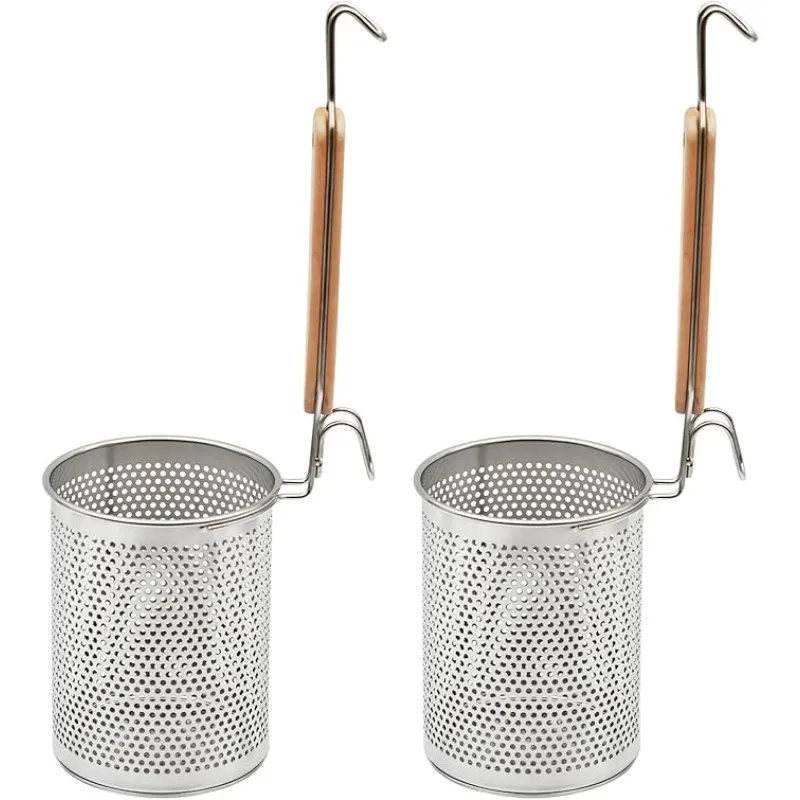 Stainless Steel Pasta Strainer 2pcs Micro-Perforated Food with Wood Handle Straining Noodles Pasta Baskets (4.7”D X 6.1”H)