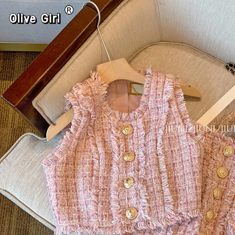 Olivegirl Women Sleeveless Top+ Mini Skirt Suit  Korean Weave Plaid Tweed 2-Piece Set Summer Luxury Gold Button Party Outfit - view 5