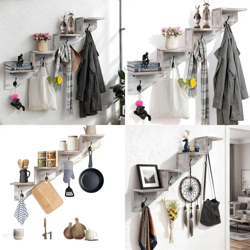 

Белая настенная полка-лестница с 4 крючками для одежды, ключей и многого другого