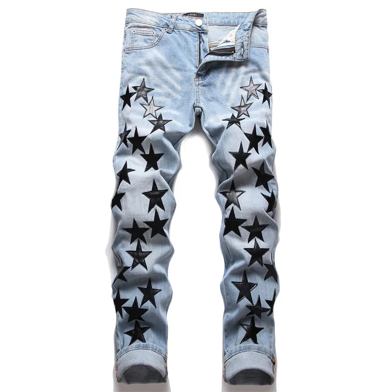 Men's high street new ripped stars patch jeans man fashion slim feet full of stars stretch jeans male trend w873