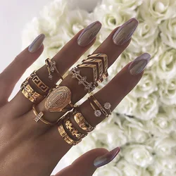 Set of Fashionable Punk Style Zircon Rings Set For Women Small Leaf Flower Simple pattern Ring Wedding Party Jewelry 2024