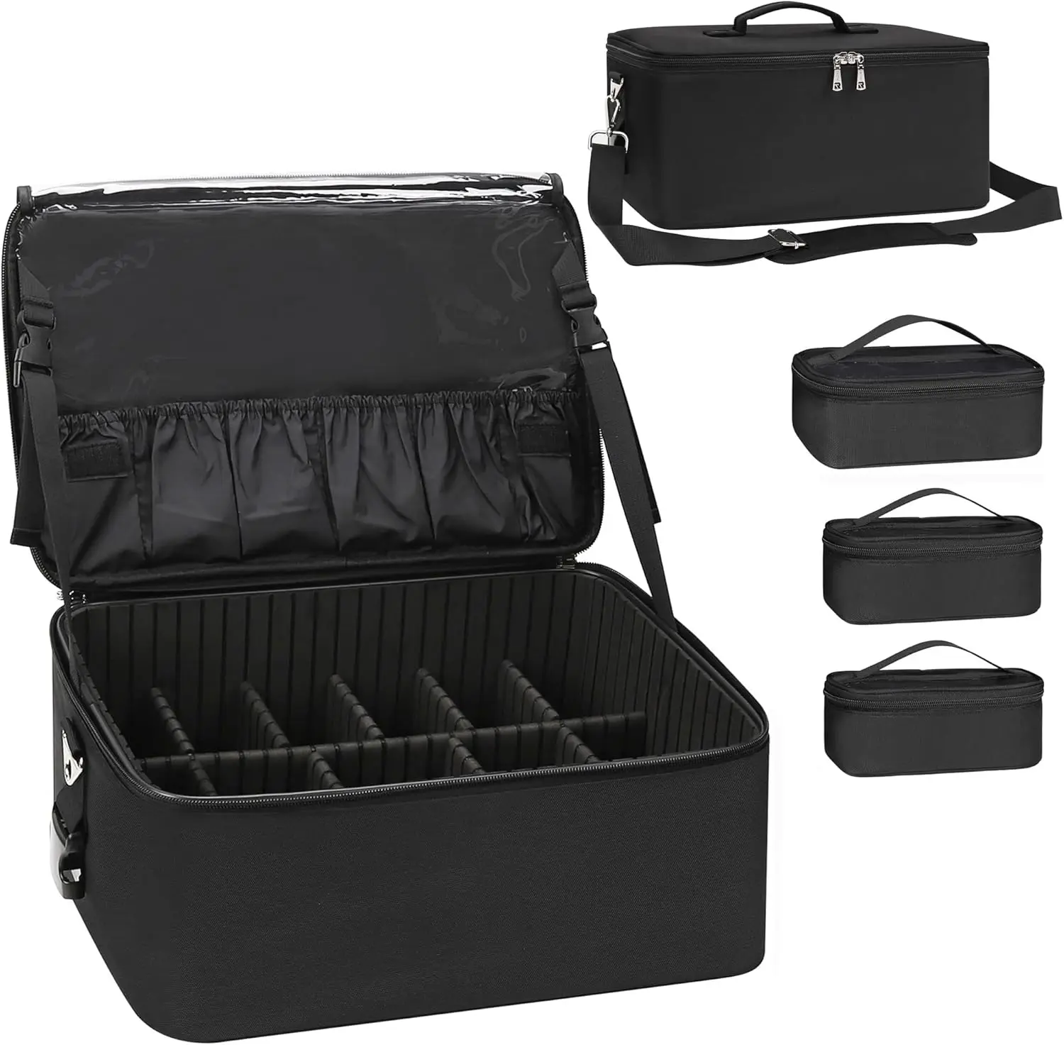 

Large Professional Makeup Case with Adjustable Dividers, Shoulder Strap & Clear Bags for Travel Organizer