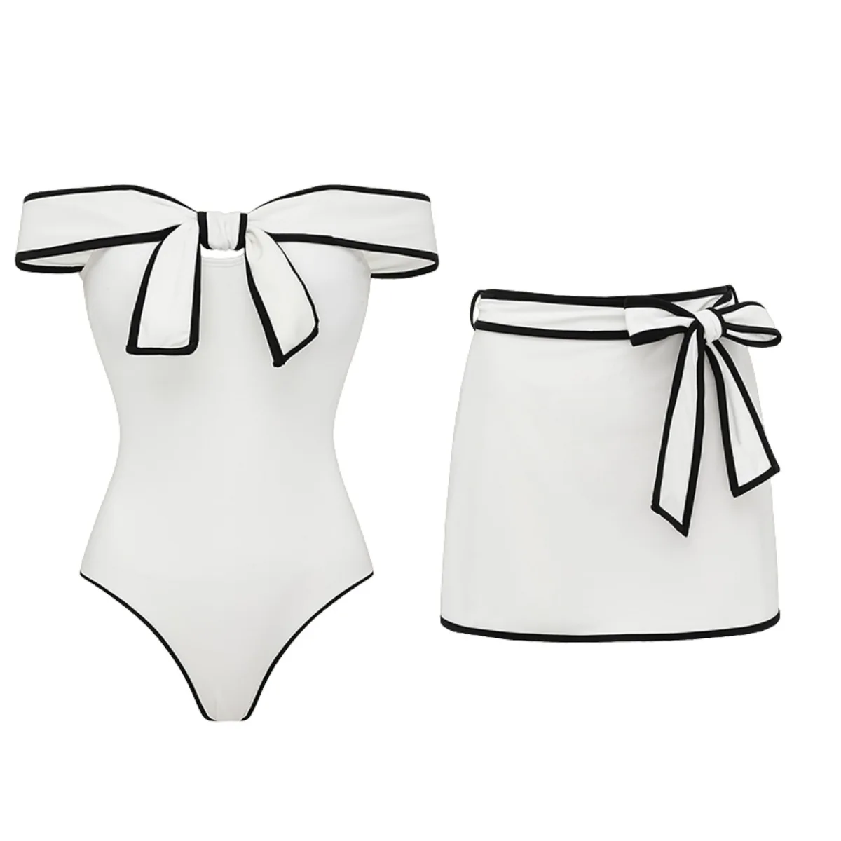 Women's Swimwear Black White Color Block Bustier Bow One-Piece Swimsuit Summer Beach Vacation Bikini with Maxi Dress Skirt view 4
