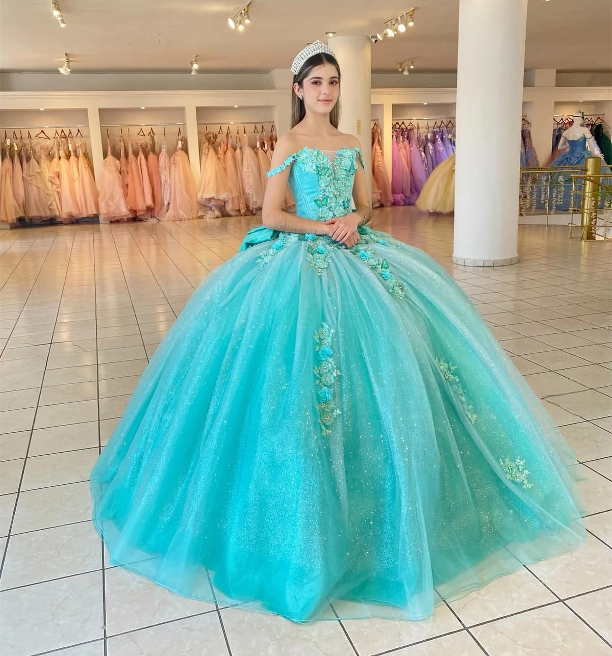 Vestidos de Quinceañera de princesa turquesa, vestido de baile con hombros descubiertos, apliques de tul, dulce 16 vestidos, 15 Años, mexicano