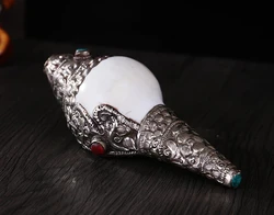 Decorative Handmade Nepal Tibetan Old Silver A Tibet Buddhism Silver Inlay Gem Turquoise Shell Conch Horn Trumpet Statue