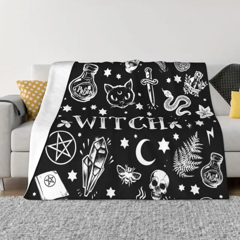 Witch Pattern 3D Print Blankets Breathable Soft Flannel Winter Halloween Occult Gothic Magic Throw Blanket for Couch Car Bed