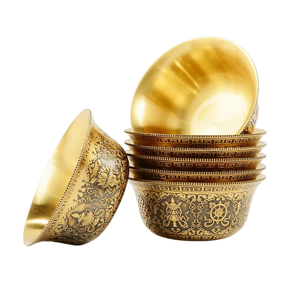 ​7Piece Copper Bowl Water Bowl Eight Auspicious Patterns Pure Copper Water Holy Bowls Set