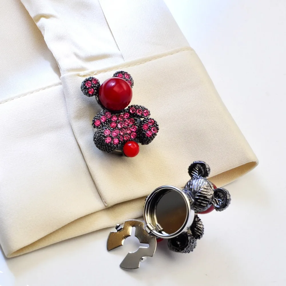 2PCS Chic Button Covers Pearl Rhinestone Shirt Cufflinks with Cute Bear Charms Elevate Your Style with These Adorable