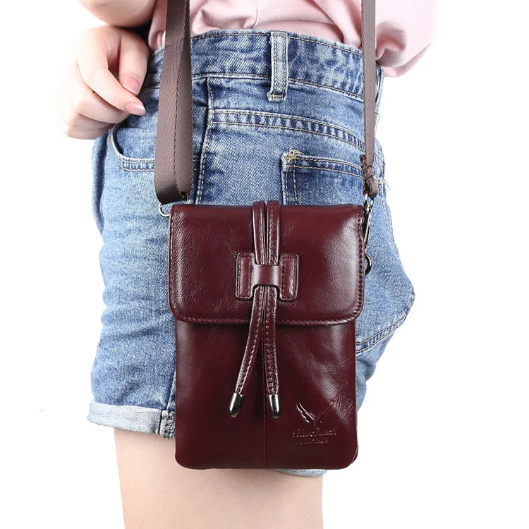 Bolso de hombro de cuero genuino para mujer, bandolera para teléfono móvil, funda informal de piel Natural, bolsillo, monedero cruzado