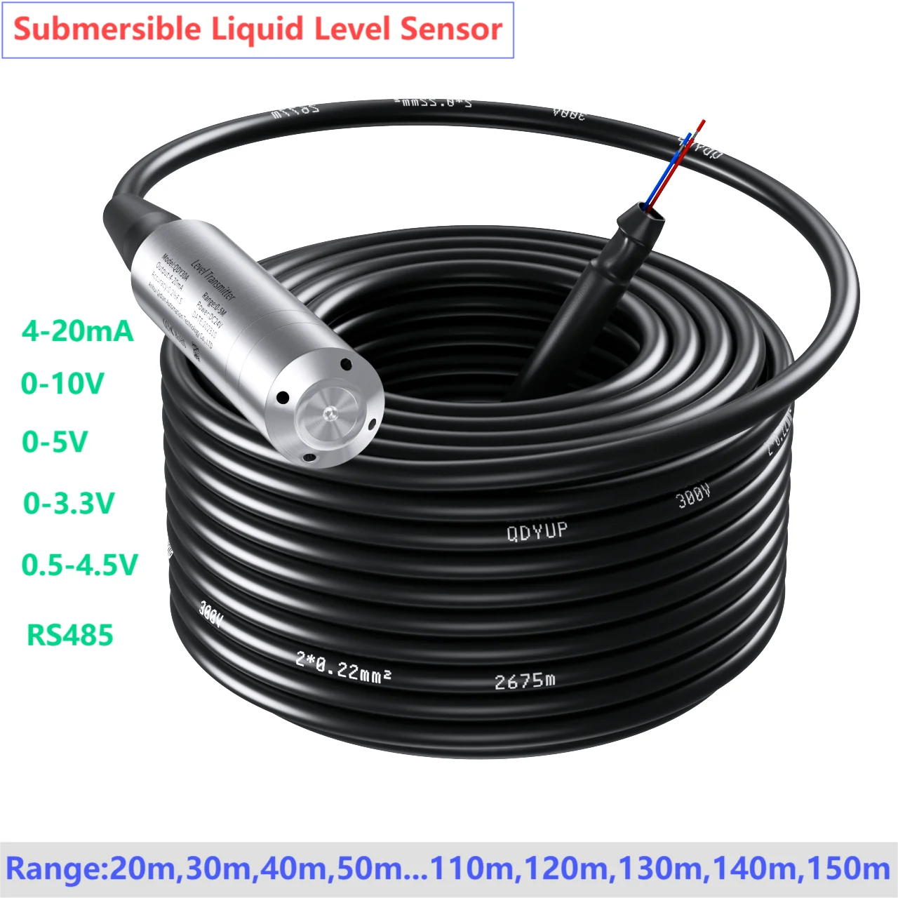 

130m Liquid Level Sensor Transmitter for Tank Deep Well 4-20mA 50M 60M 70M 80M 90M Range Submersible Water Level Transducer 0-5V