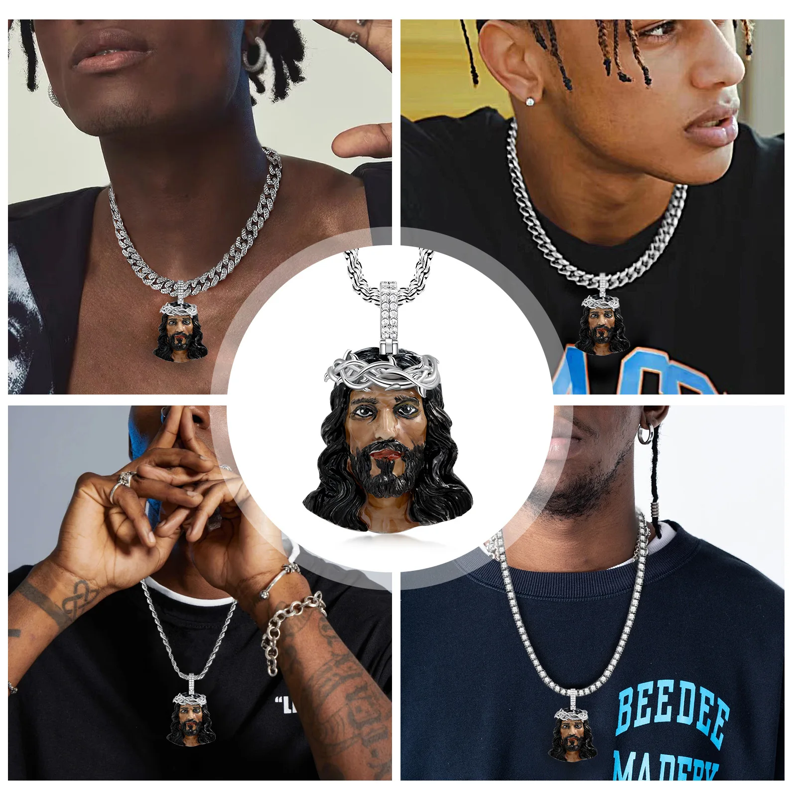 

Hip Hop Rapper CZ Jesus Charm Pendant Jewelry Fashion Mixed Inlay Flower Crown Big Jesus Iced Out Pendant Necklace Men Women
