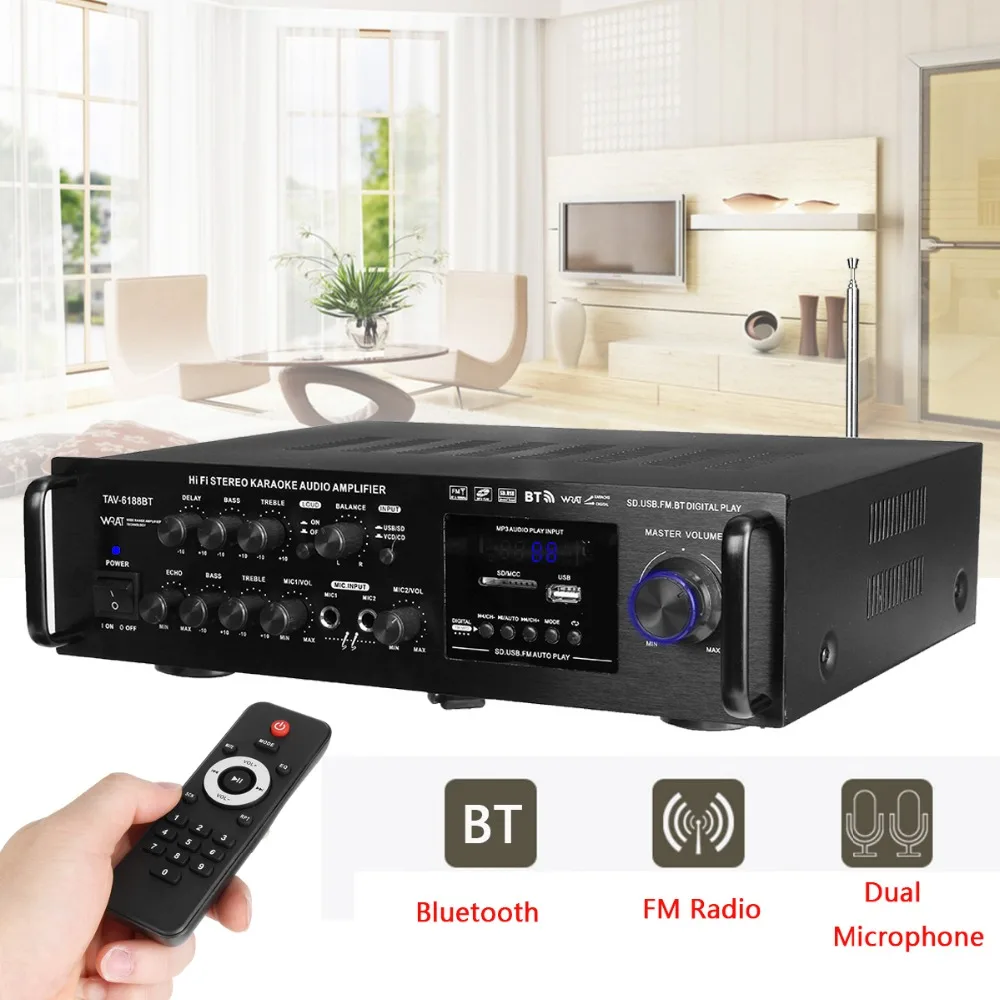 

220-240V 2000W Wireless Digital Audio Amplifier 4ohm bluetooth Stereo Karaoke Amplifier 2 MIC Input FM RC Home Theater Amplifier