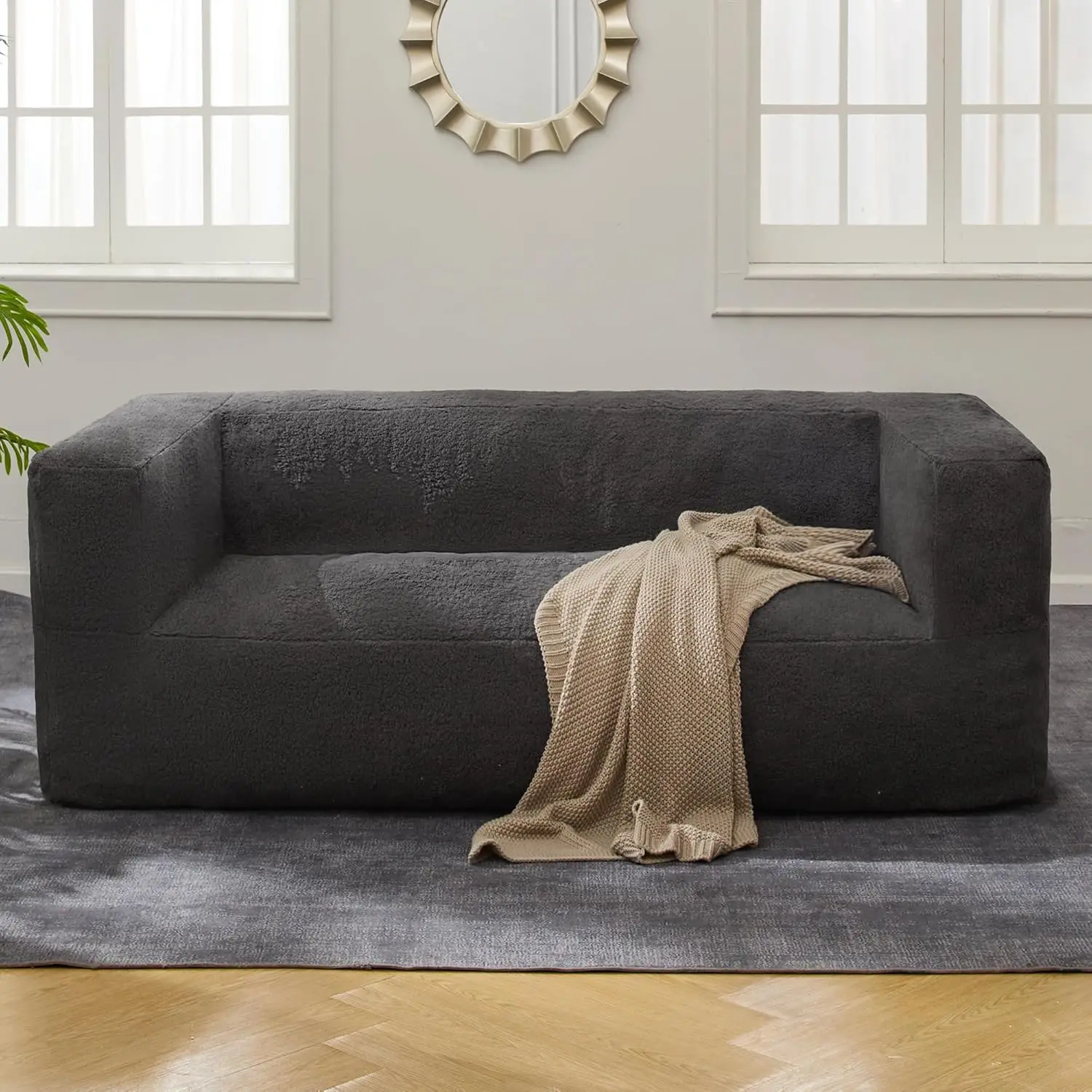 Giant Bean Bag Chair Sofa,Oversized Bean Bag Couch,Memory Foam Filled Floor Loveseat with Soft Sherpa Teddy Cover and Wide Armre