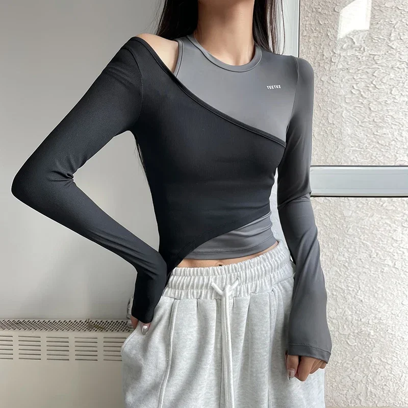 Women Pilate Shirt Spring Autumn Casual Sport Slim Breathable T-shirt Fashion Contrast Color Round Neck Long Sleeve Yoga Top