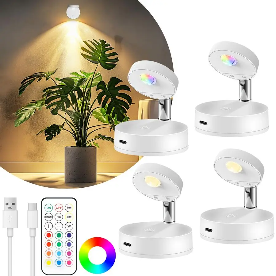 

Комплект перезаряжаемых светодиодных прожекторов для использования в помещении, беспроводной RGB-прожектор на батарейках с пультом дистанционного управления, магнитная фотолампа с вращением