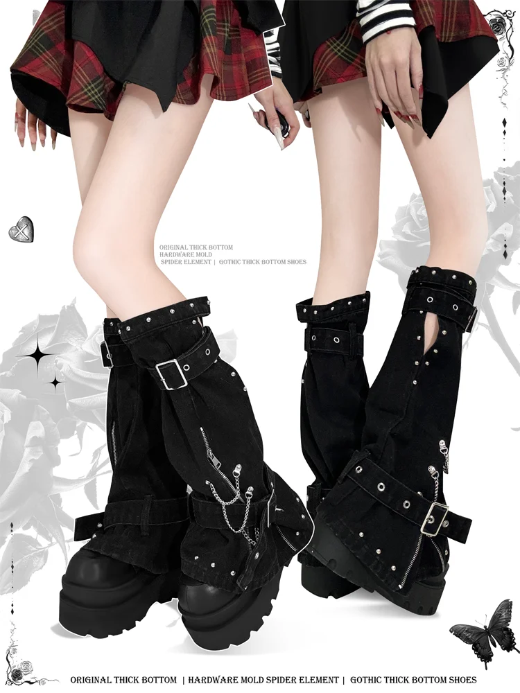 

Dark goth punk black chain leg cover hottie European and American subculture y2k sweet pants tooling stacking socks for women