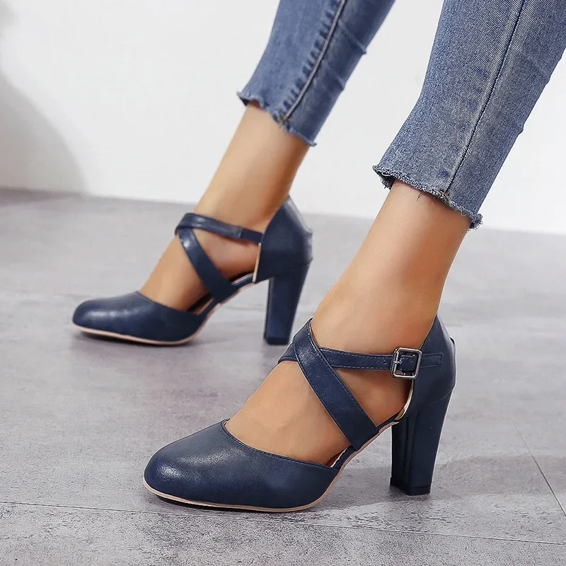 

Women High Heels Shoes Autumn New Round Toe Chunky Heel Casual Platform Women's Shoes Female Belt Buckle