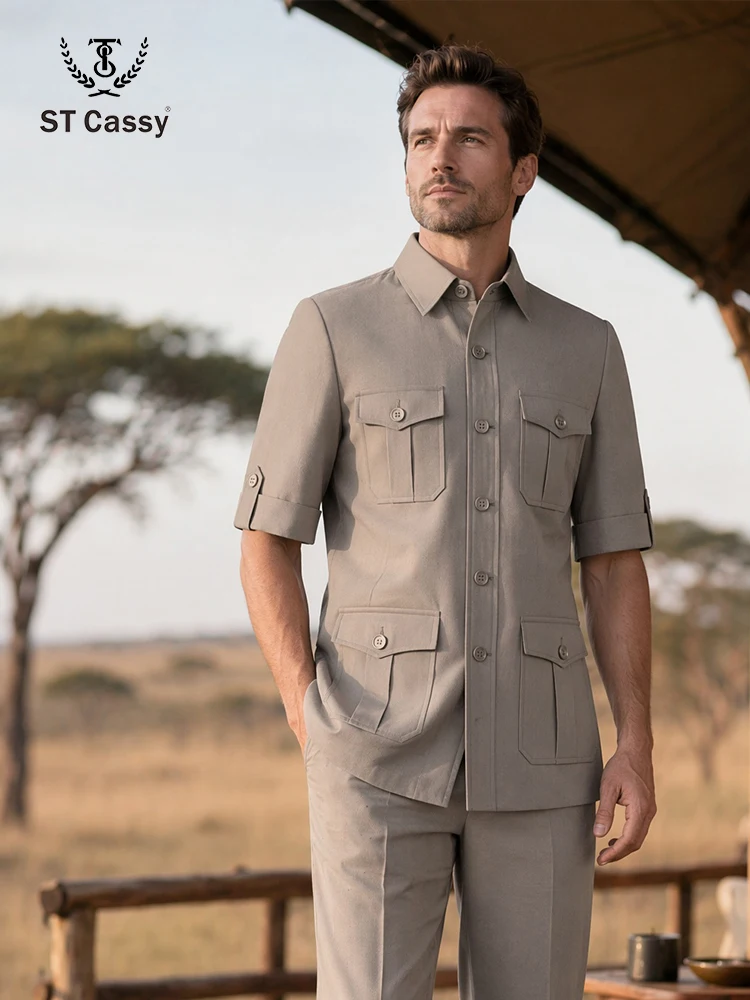 ST Cassy Retro safari style multi pocket short sleeved men's suit elegant lapel slim fit casual two-piece jacket and pants