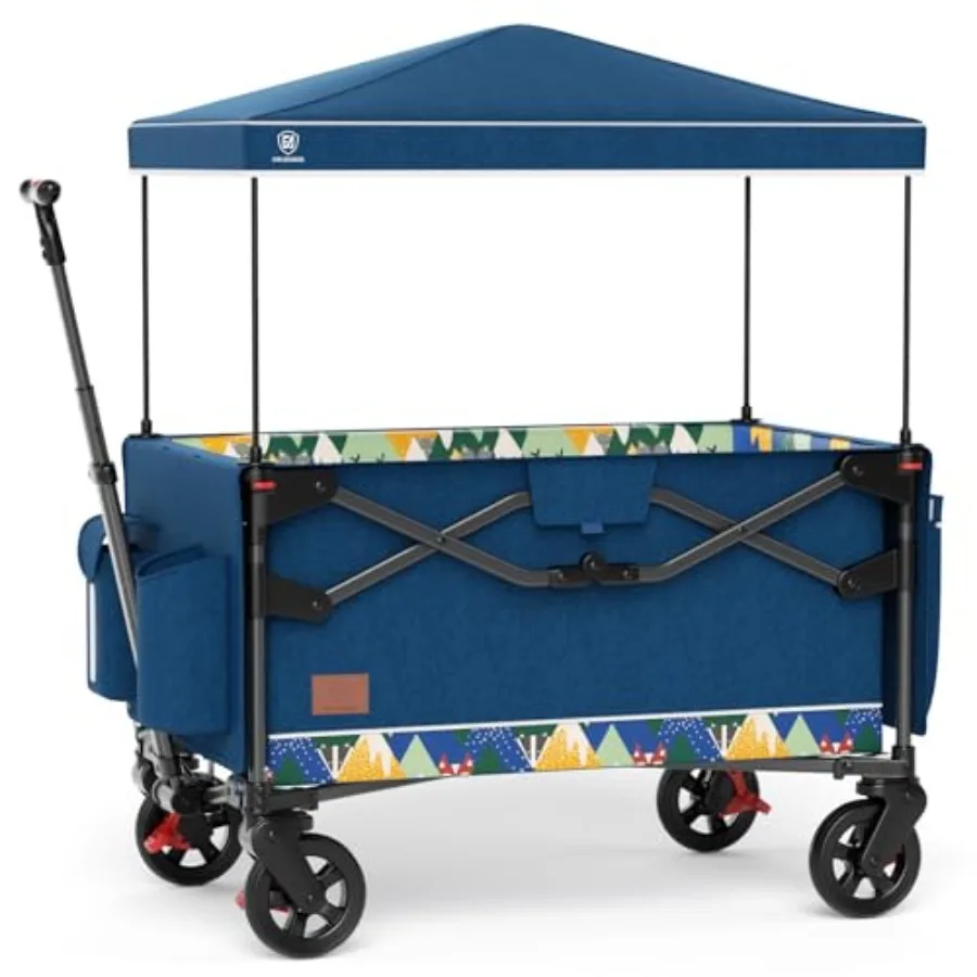 

Foldable Travel Wagon for 2 with Cargo Lightweight Collapsible Stroller in Blue Adjustable 5-Point Harness and Removable Canopy