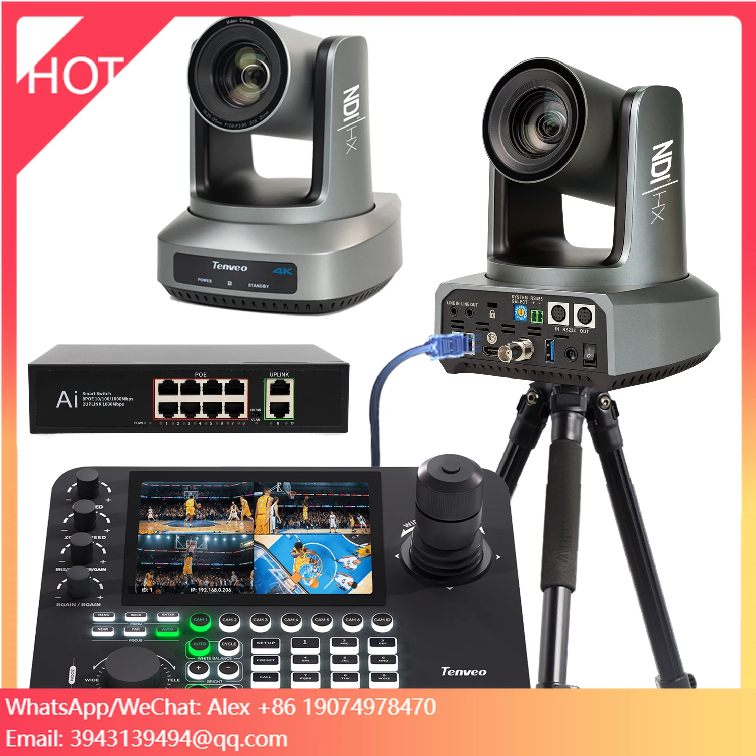 2Pcs 20x Zoom 4K 60fps NDI PTZ Conference Camera AI Auto Tracking Camera+KB300PRO PTZ Camera Keyboard Controller