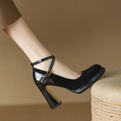 Comemore Black Women Pumps Suede High Heels Female Shoes Ankle Cross Strap Heeled Dress Shoe Square Toe Shallow Single Pumps