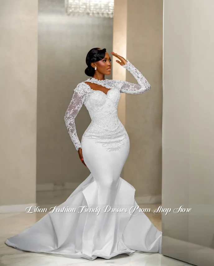 Long-Sleeved Lace Openwork Fitted Mermaid Wedding Dress Customized Lace Corset Slimming Bridal Gown Lawn Wedding Church Wedding