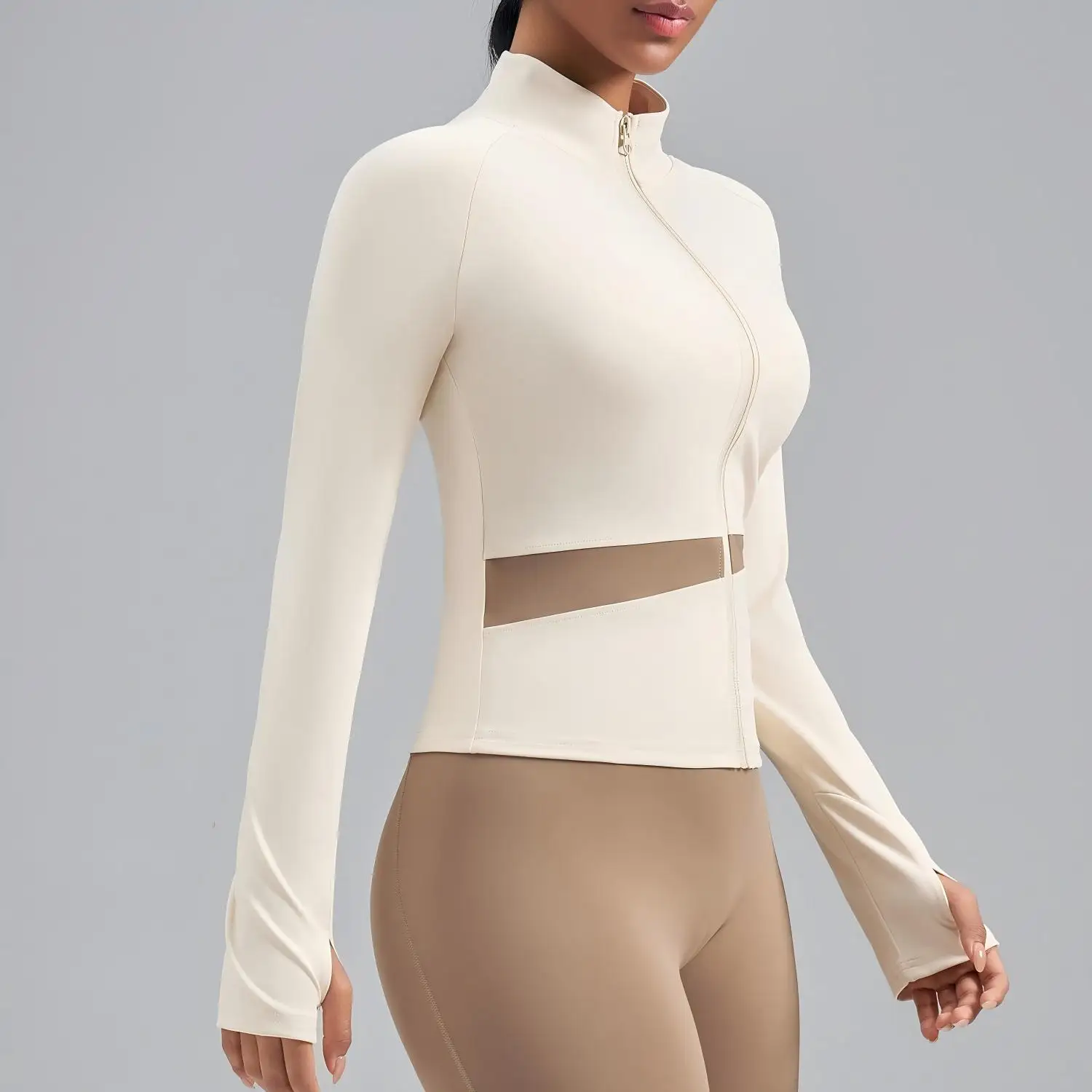 Damen Farbblock-Yoga-Jacke mit Hohem Kragen, Atmungsaktives Fitness-Oberteil mit Naked-Feel-Effekt für Workout, Gym und Training