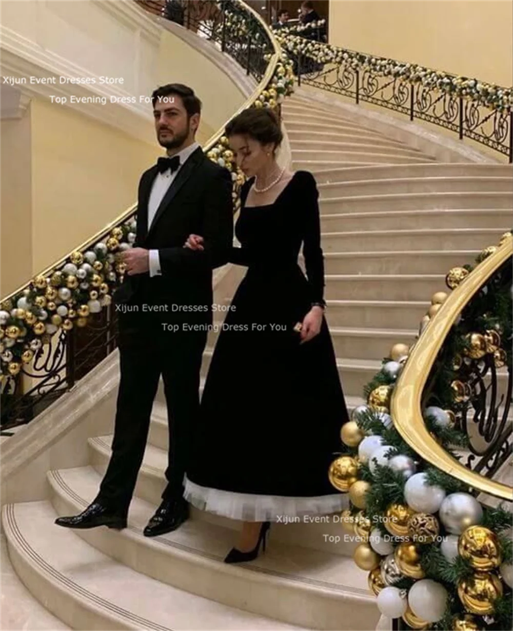 Xijun Classic Black Velvet A Line Formal Evening Dresses Arabic Women Prom Dress Long Sleeves Square Neck Occasion Party Dresses