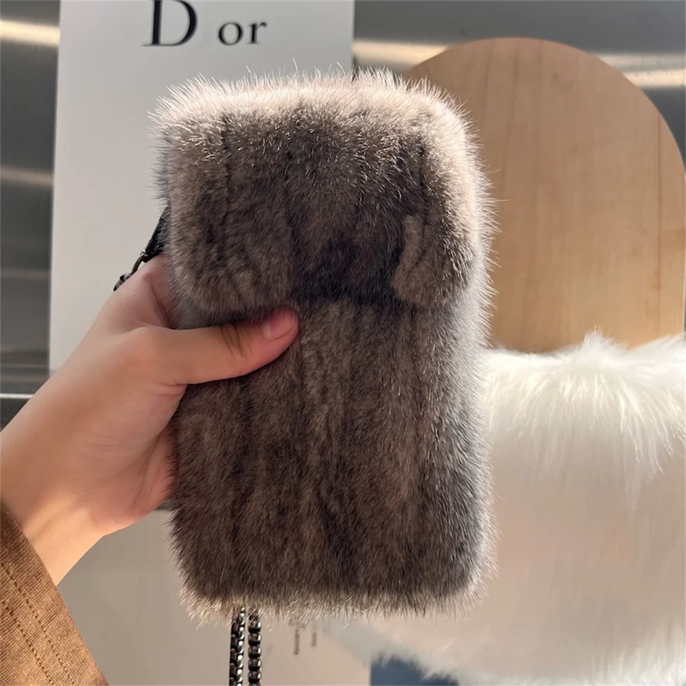 2024 Designer Luxury Mobile Phone Bag Women Crossbody Mini Bag Purses Fashion Mink Fur Bags For Woman Neck Hanging Femimime Bag