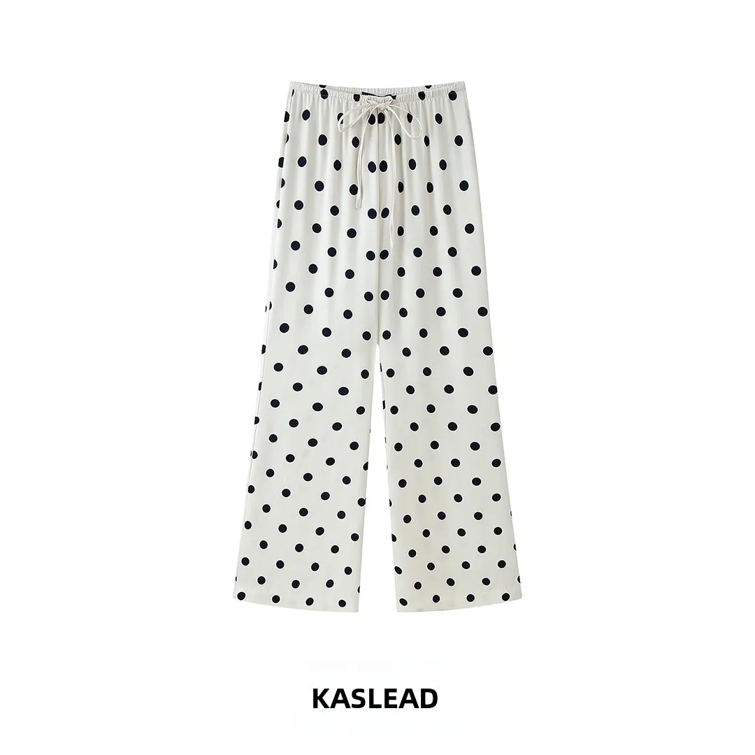 

KASLEAD Fashionable Polka Dot Silk Satin Feel Pants for Women Belted Straight Leg Casual Trousers Elegant Ladies Trousers