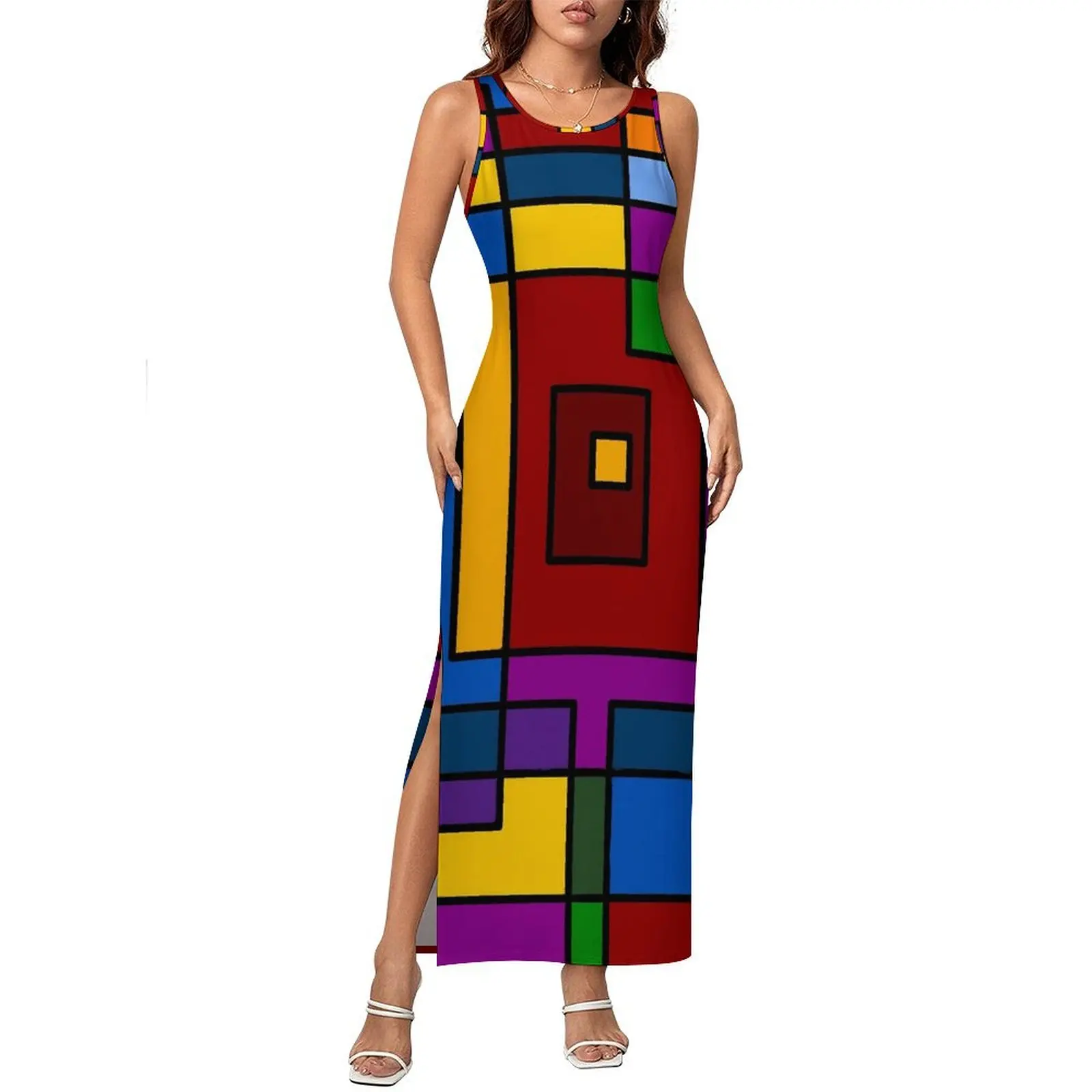 De Stijl Inspiriertes Kleid Ärmellose Abstrakte Kunst Street Style Maxi Kleider Schlank Sexy, Figurbetontes Kleid Dame Muster Oversize Vestidos