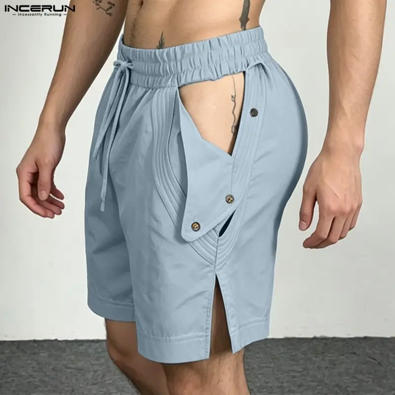 INCERUN Men's Shorts Solid Color Drawstring Hollow Out Casual Men Bottoms Streetwear Summer 2026 Workout Casual Shorts For Man