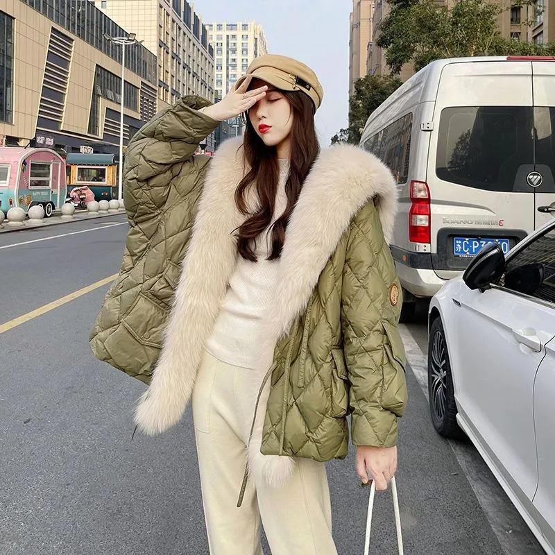 

2023 New Women Down Cotton Coat Female Thickened Sailor Collar Imitation Fox Fur Fur Outwear Mid Length Version Loose Parkas