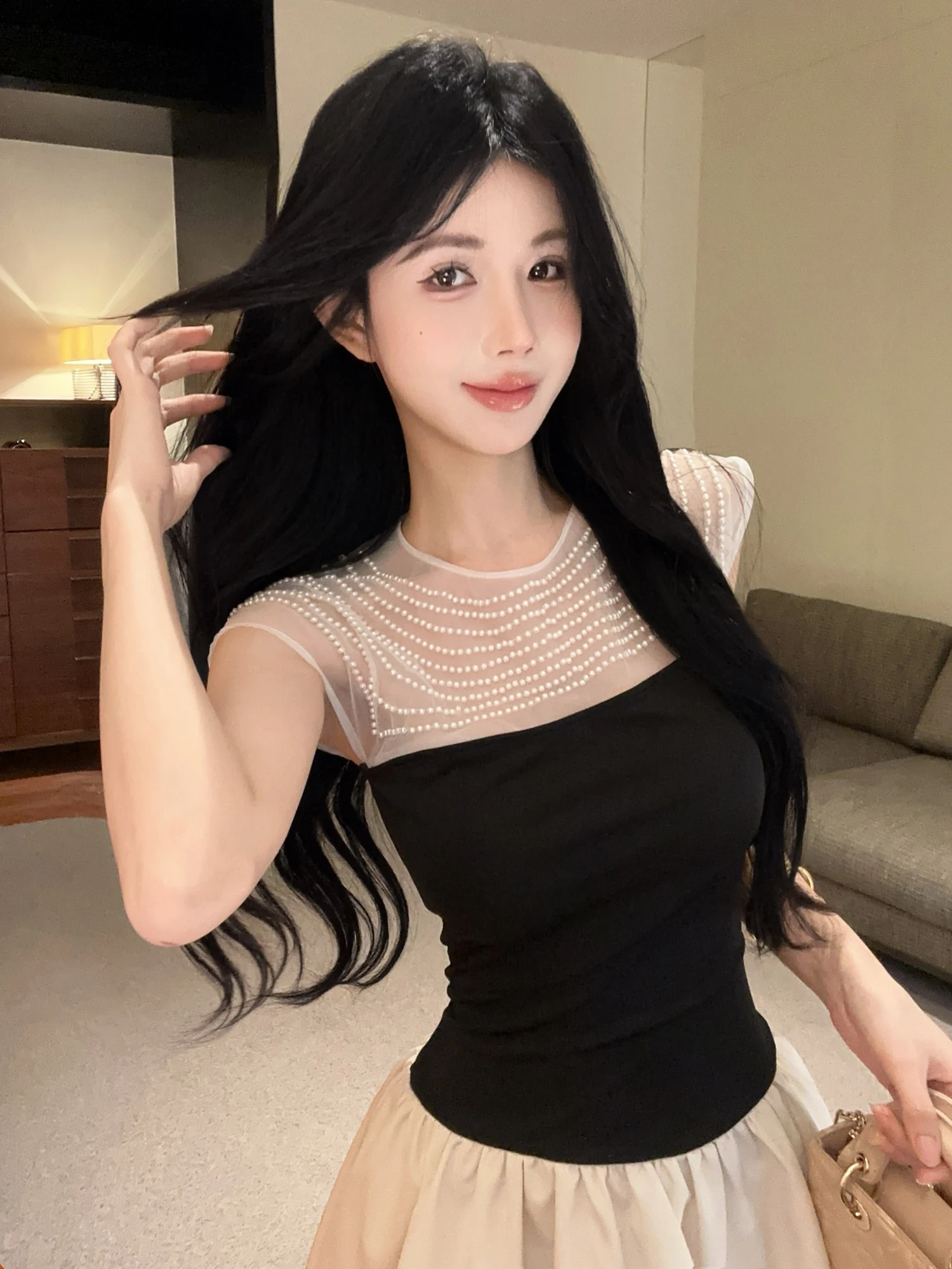 

Pure Desire Luxury Embellished Mesh Summer Sleeveless Waist Cinched Color Block Dress Korean Style Low Waist A-Line Skirt