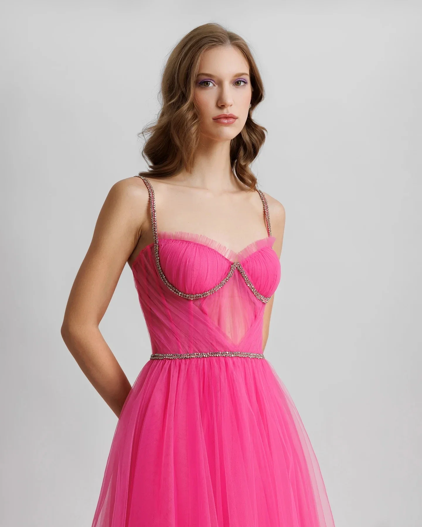 Clássico fúcsia em camadas tule longo maxi vestidos com cristal delicado muito quente rosa tutu tule assimétrico vestido de festa feminino