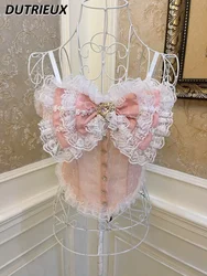 Lolita Princess Bow Love Rhinestone Hollow Lace Vest Female Sweet Pink Elegant Wooden Ear Slimming Short Crop Tops Short Sling