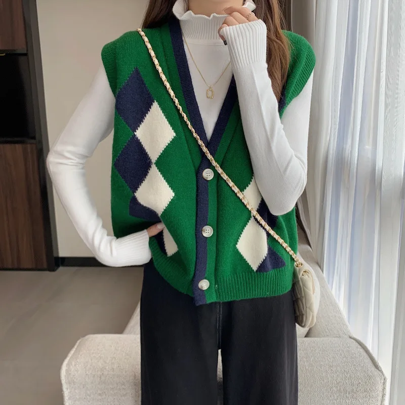 Sweater Woman autumn/winter Korean Style Knitted v-neck Argyle Sleeveless Fashionable woman's Vestdropshipping Sale RZ1033
