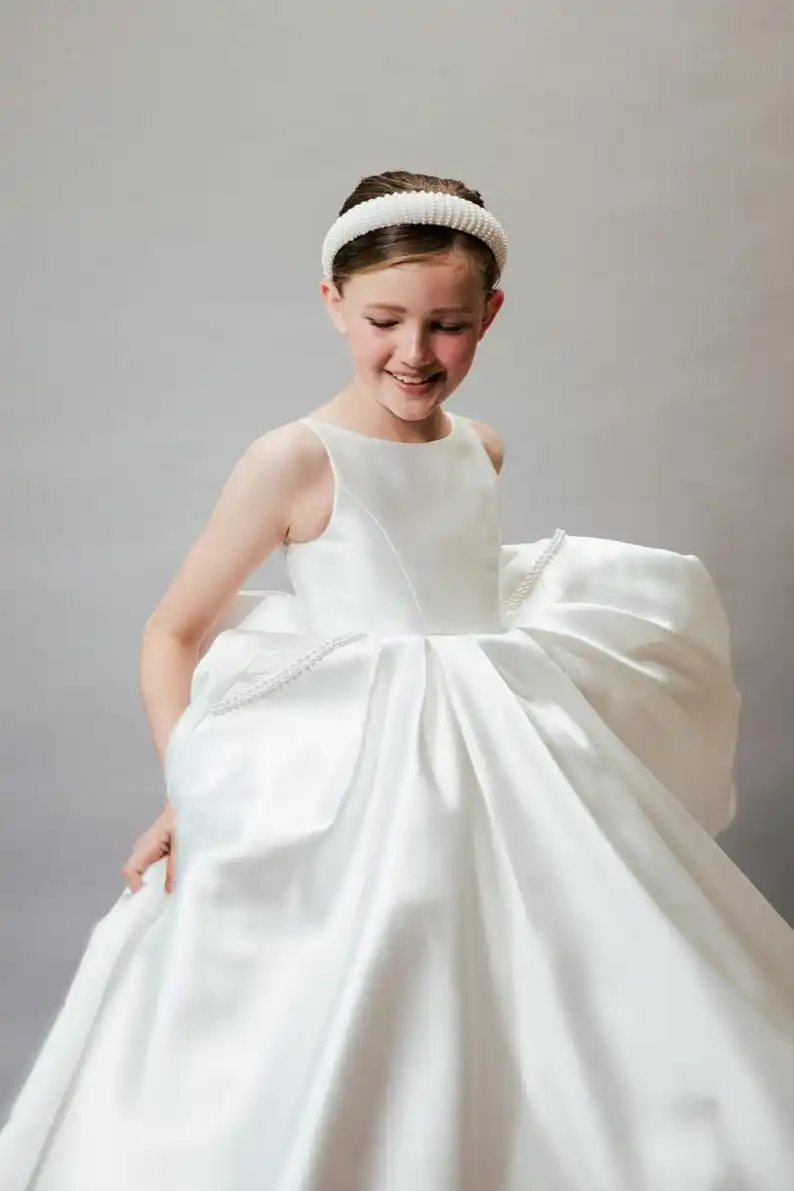 Свадебное платье цвета слоновой кости Mikado с цветочным узором для девочек, детское платье от кутюр с открытой спиной и открытой спиной, платье принцессы для дня рождения со шлейфом/бантом/кишенером
