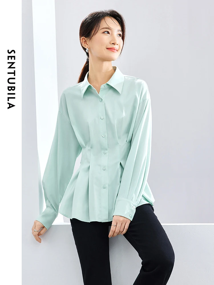 SENTUBILA Polo Collar Solid Comfort Loose Shirt Womens 2024 Spring High Waist Button Up Long Sleeve Shirts & Blouses 141C53111