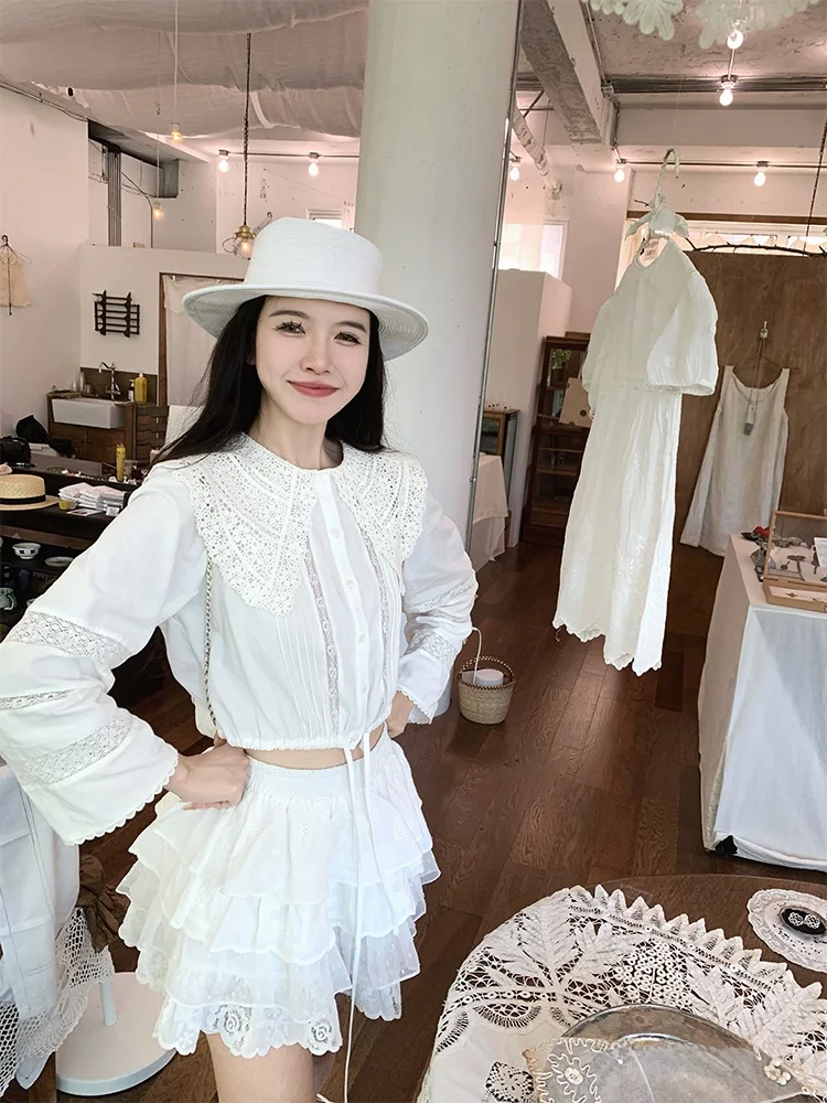 

French Sle Cotton Long Sve Navy Collar Embroidered Lace irt Women's Skin-friendly Breathable Straight Cut White irt